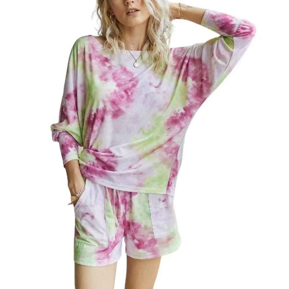 TIE Dyed Loungewear. Watermelon/Lime Top/Shorts. Long Sleeve - Picture 2 of 3